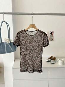 Blusa ajustada de cuello redondo con estampado de leopardo vintage de malla, elegante y casual para uso diario - Multicolor - Ver 3