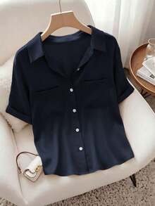 Camisa de polo elegante y sencilla con cuello trenzado al estilo francés para mujer, blusa elegante, uso casual, verano, color clásico y versátil, nueva camisa de moda para uso casual, oficina y trabajo, uso versátil y elegante para el día a día, - Azul marino - Ver 3