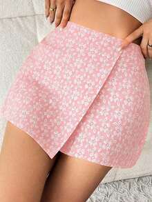 Falda pantalón elegante de unicolor con textura jacquard, para el Día de San Valentín - Rosa - Ver 5
