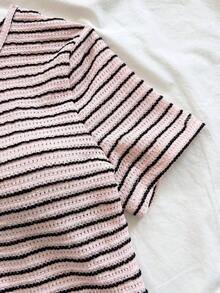 Blusa de manga corta casual con decoración de lazo metálico para mujeres, estilo de vacaciones informal - Multicolor - Ver 3