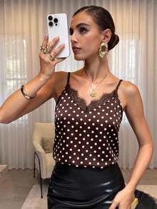 Camiseta de satén con lunares de color café con leche elegante para mujer, camiseta de encaje, top de moda para salidas, reuniones y vacaciones en primavera/verano - Café integral - Ver 5