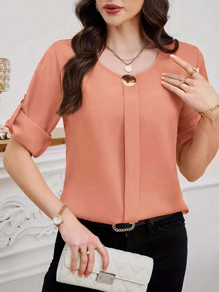 Clasi Blusa casual sencilla para uso diario con cuello redondo, manga corta y botones delanteros para mujer - Naranja Coral - Ver 1