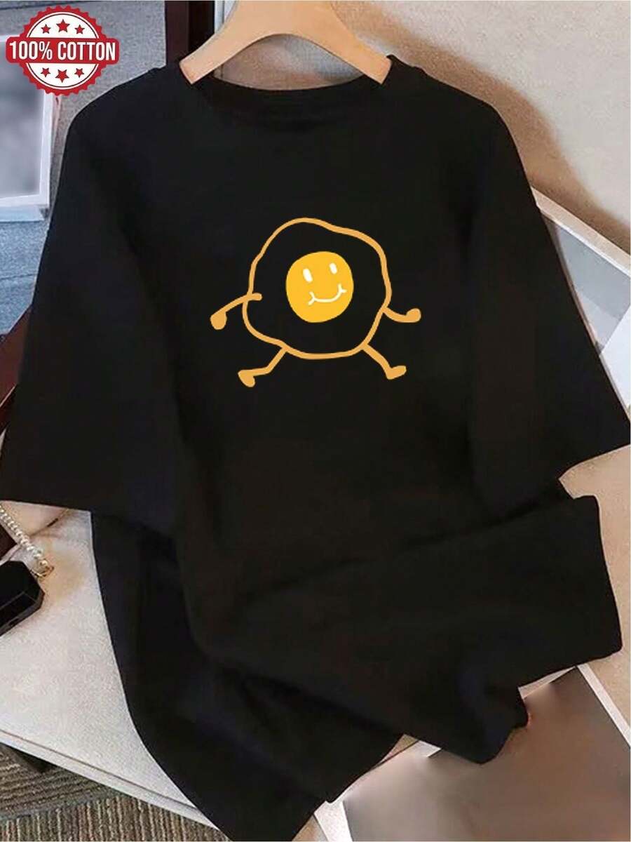 Funny T-Shirt With An Original Smiling Design, 100% Cotton, Comfortable Casual Fashion, Urban Style, Perfect Gift For Friends And Family, Available In Various Sizes And Colors For Everyday Youth. - 黑色 - 查看 1
