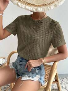 Camiseta casual de manga corta y cuello redondo llana para mujeres, verano - Verde militar - Ver 5