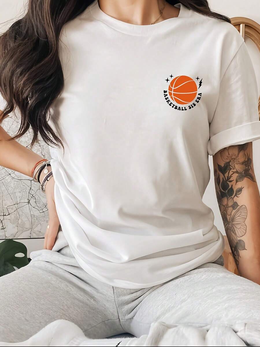 Women's Basketball Jersey With Letter Print - Short Sleeve, Crew Neck, Spring-Summer Graphic Top, Casual Sportswear For Sports And Daily Outfits, Machine Washable, Non-Stretch Fabric (Medium Elasticity) - [白色的] - 查看 1