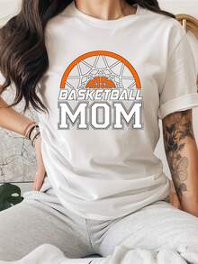 Playera casual de manga corta para mujer con estampado "Mamá de Baloncesto", playera deportiva de cuello redondo para primavera/verano, top cómodo - [Blanco] - Ver 6