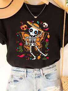 New 2026 Camiseta de Halloween para Mujer con Estampado de Esqueleto y Mariposa - Top Casual de Cuello Redondo y Manga Corta con Diseño de Calavera Floral, Ligero y Lavable a Máquina para Primavera Verano Otoño, Camisa Cómoda Mujer estilo casual estampado de calavera mexicana holgado cuello redondo manga corta primavera verano uso diario camiseta - Negro - Ver 1