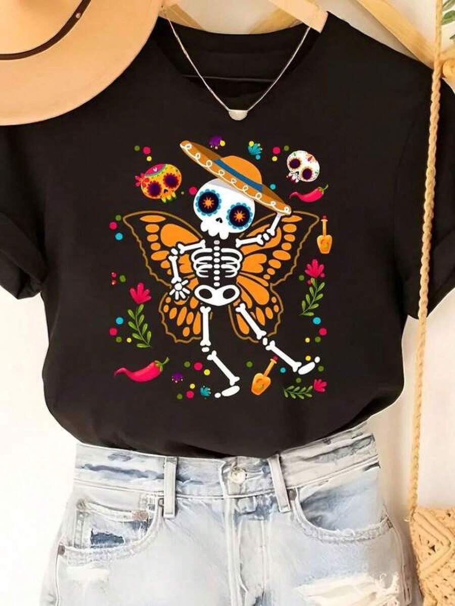 New 2026 Camiseta de Halloween para Mujer con Estampado de Esqueleto y Mariposa - Top Casual de Cuello Redondo y Manga Corta con Diseño de Calavera Floral, Ligero y Lavable a Máquina para Primavera Verano Otoño, Camisa Cómoda Mujer estilo casual estampado de calavera mexicana holgado cuello redondo manga corta primavera verano uso diario camiseta - Negro - Ver 1
