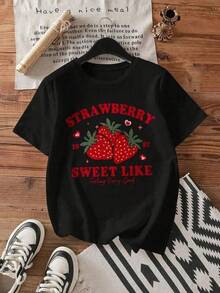 New 2026 Camiseta casual gráfica con estampado holgada cuello redondo manga corta primavera verano para mujeres - Negro - Ver 1