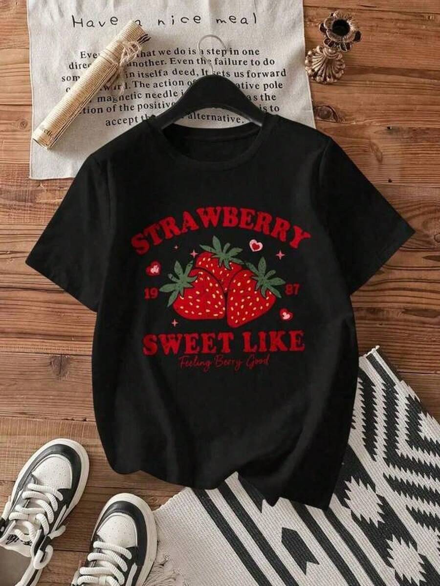 New 2026 Camiseta casual gráfica con estampado holgada cuello redondo manga corta primavera verano para mujeres - Negro - Ver 1