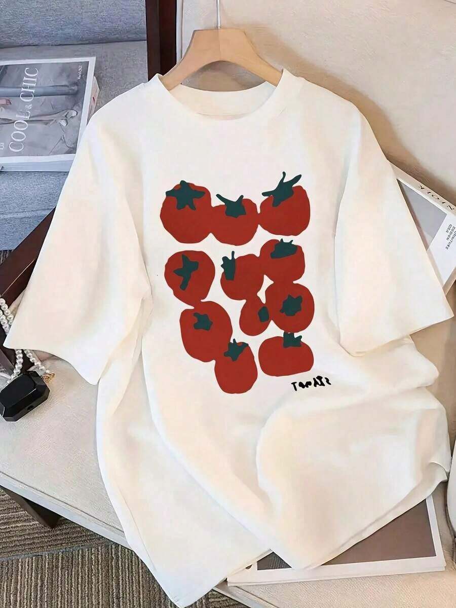 Casual Tomato Print T-Shirt, Women's Short Sleeve T-Shirt, Natural Fruit Graphic Top, Kawaii Summer Casual T-Shirt, Kind Gift, 100% Cotton, Durable - 白色 - 查看 1