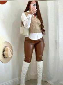 JASMINE Women's Skinny Leggings With Fleece Lining, Flannel, Synthetic PU Leather, Vinyl - 鏽棕色 - 查看 3