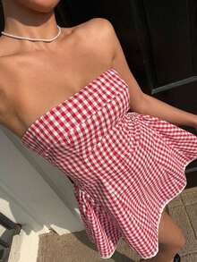 Vestido corto de vacaciones para mujer, de cintura ceñida y volante con estampado vintage a cuadros rojos y blancos - Azul y blanco - Ver 11