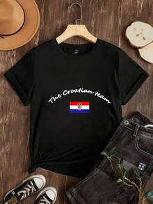 Women's Loose-Fitting Camisole, Available In Black And White, Featuring A Graphic Print Of The Croatian National Team Flag. This Casual Summer Top Is A Stylish Way To Express National Pride. It's A  Streetwear Top, Perfect For Summer. This Graphic Tee Is Ideal For Summer Outfits And Is A Great Choice For Women. It's A Versatile Piece, Perfect For Watching A Game. The Shirt Is Stylish, Bohemian-Inspired, And Soft, Breathable, And Comfortable. It's Ideal For Spring, Summer, And Fall, And Perfect For Vacations, Travel, And Everyday Wear. - 黑色 - 查看 1