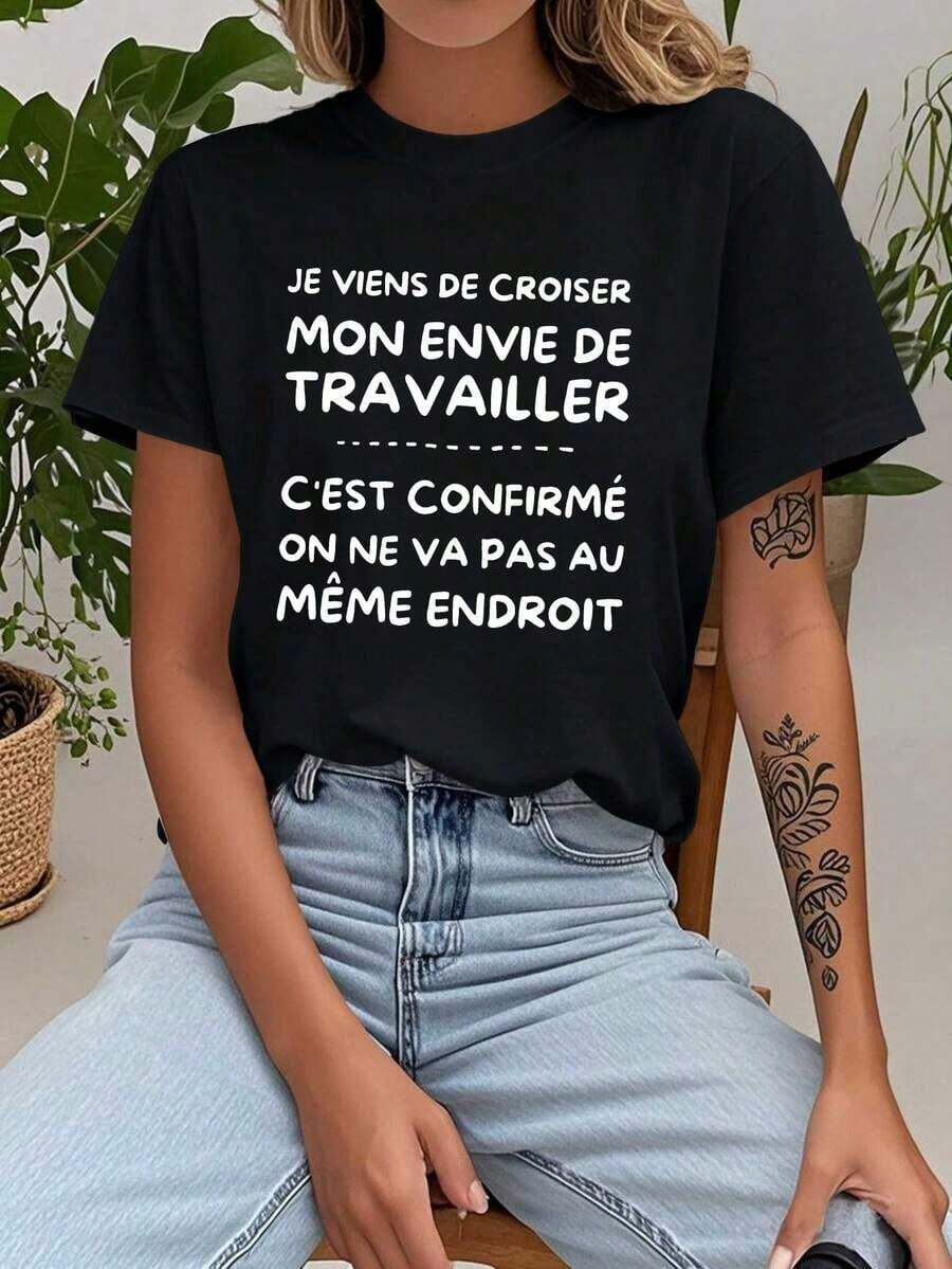 Loose French Quotes Graphic T-Shirt For Women Teediy - 100% Cotton, Short Sleeve And Comfortable With Geometric Print, Light Gray Text And , Machine Washable, Casual Wear For All Seasons, Relaxed Pure Cotton Shirt 100% Cotton Basic Crew Neck Cotton T-Shirt For Women - 黑色 - 查看 1