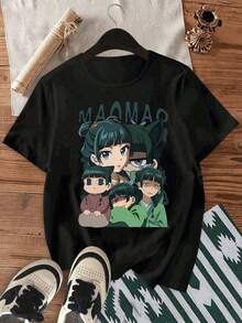 Maomao Blue Cartoon Character T-Shirt - Casual Crew Neck, Short Sleeve, Medium Stretch Fabric For Summer, Perfect For Home And Sports, Casual Wear | Playful Design | Medium Stretch Material Y2k T-Shirt Shirt - 黑色 - 查看 1