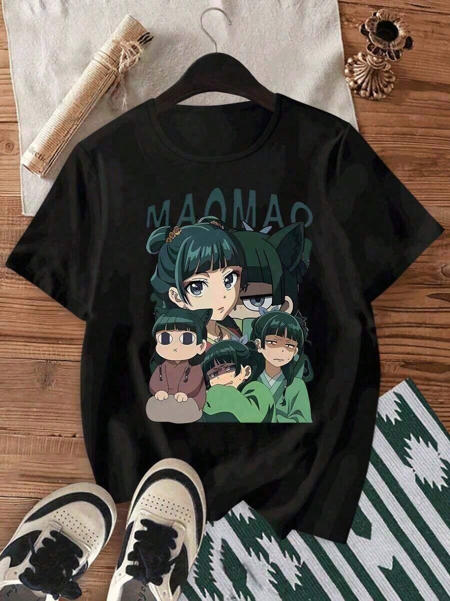 Maomao Blue Cartoon Character T-Shirt - Casual Crew Neck, Short Sleeve, Medium Stretch Fabric For Summer, Perfect For Home And Sports, Casual Wear | Playful Design | Medium Stretch Material Y2k T-Shirt Shirt - 黑色 - 查看 1