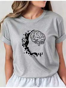 Limited Edition Short-Sleeved T-Shirt Featuring A Brain-Shaped Facial Contour Design And Psychological Symbols, Specially Designed For Women. Casual Crew Neck T-Shirt I01, Comfortable Women's Clothing Made From Lightweight Cotton. - 黑色 - 查看 7