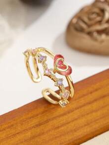 Nhẫn hở mạ vàng 18K hình trái tim đỏ và hoa hồng đính đá Cubic Zirconia, nhẫn đeo ngón tay có thể điều chỉnh kích thước, trang sức ngọt ngào lãng mạn dành cho phụ nữ. - Nhiều màu - Xem 21