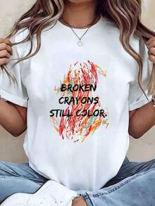 Soft, Breathable, And Lightweight For All-Day Comfort. Women's T-Shirt With A "Broken Crayons Still Color" Print, Crew Neck, And A Relaxed, Casual Fit For Everyday Wear. Ideal As A Gift. 220g. Classic Neckline With A Relaxed Fit That Flatters All Body Shapes And Is Easy To Pair With Jeans, Shorts, And Leggings. - 白色 - 查看 1