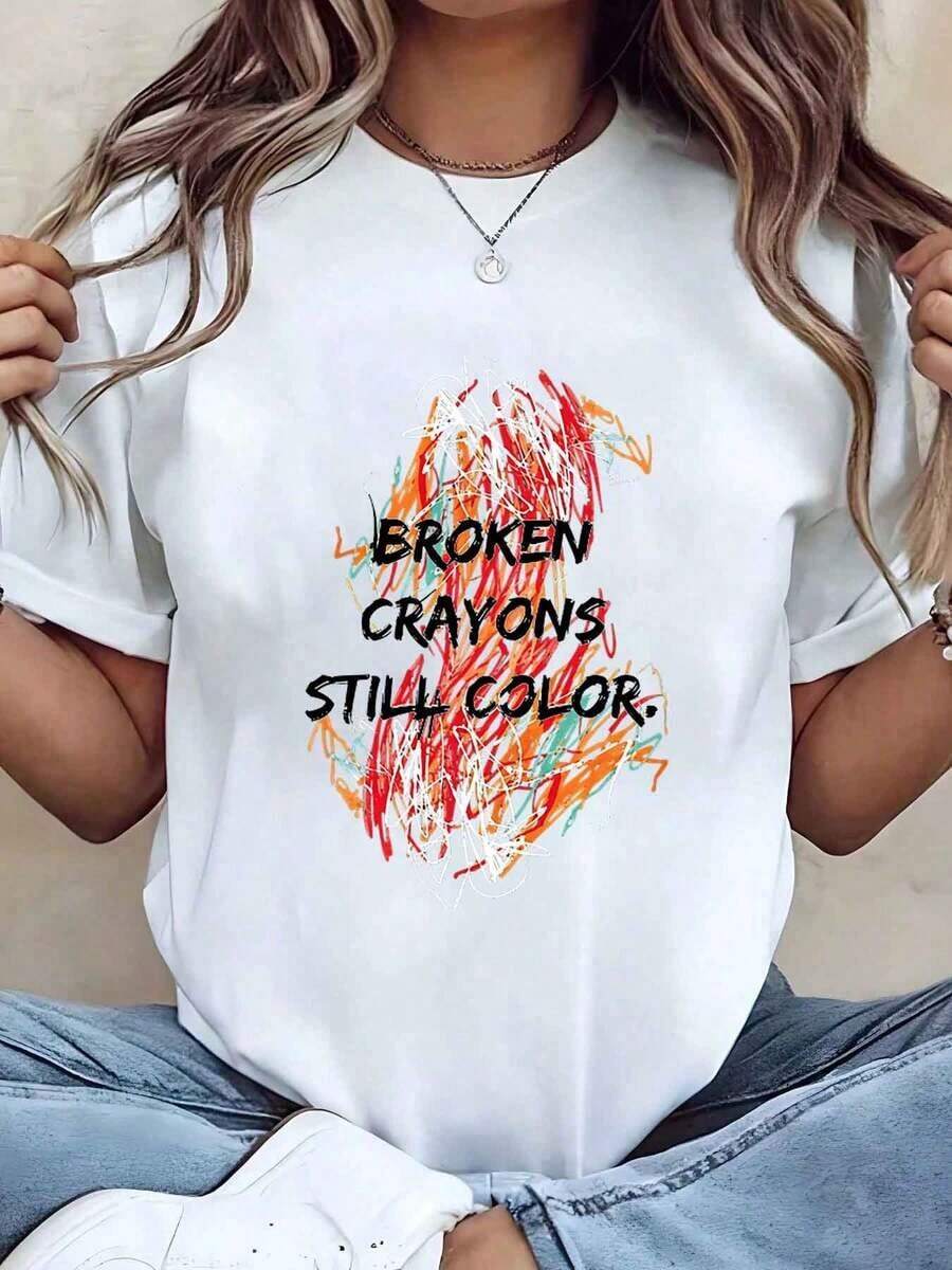 Soft, Breathable, And Lightweight For All-Day Comfort. Women's T-Shirt With A "Broken Crayons Still Color" Print, Crew Neck, And A Relaxed, Casual Fit For Everyday Wear. Ideal As A Gift. 220g. Classic Neckline With A Relaxed Fit That Flatters All Body Shapes And Is Easy To Pair With Jeans, Shorts, And Leggings. - 白色 - 查看 1