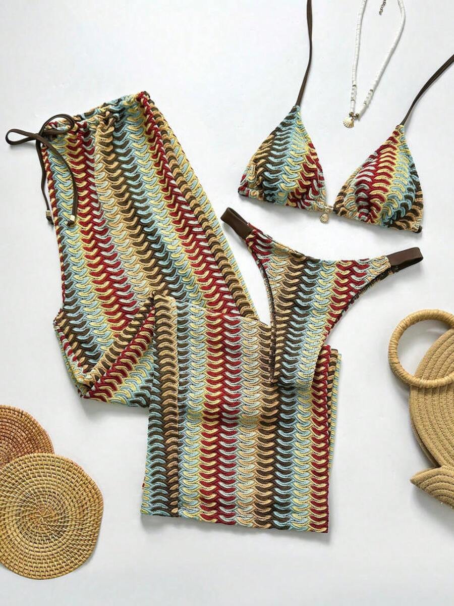 Traje de baño de dos piezas con pantalones largos de malla tejida a rayas, conjunto de bikini bohemio de tres piezas para mujer. - Multicolor - Ver 1