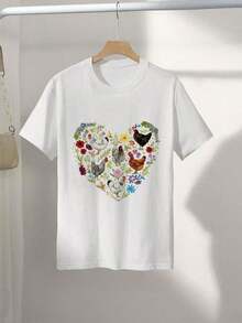 | 1 Women's T-Shirt 100% Breathable Cotton | Women's Short Sleeve Crew Neck T-Shirt - Hand-Painted Chicken And Flower Print, Casual Spring And Summer Top, Machine Washable, Chicken T-Shirt, Spring Clothes, Fun Design, Breathable Fabric, Relaxed Fit, Lightweight T-Shirt, Printed Top, Ideal For Summer. - 白色 - 查看 1