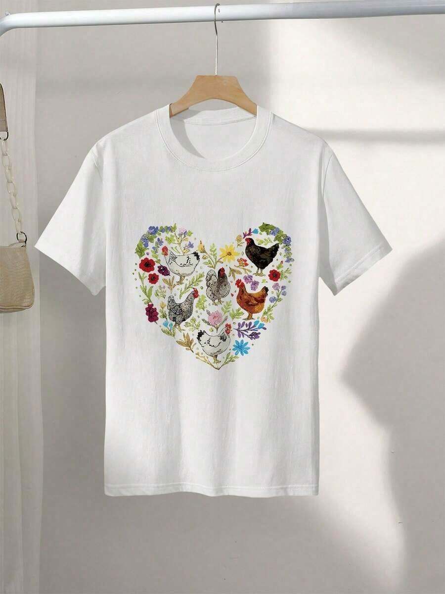 | 1 Women's T-Shirt 100% Breathable Cotton | Women's Short Sleeve Crew Neck T-Shirt - Hand-Painted Chicken And Flower Print, Casual Spring And Summer Top, Machine Washable, Chicken T-Shirt, Spring Clothes, Fun Design, Breathable Fabric, Relaxed Fit, Lightweight T-Shirt, Printed Top, Ideal For Summer. - 白色 - 查看 1
