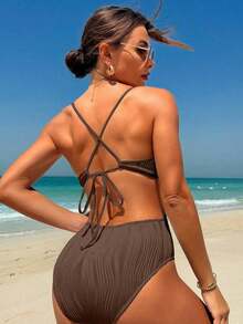 Traje de baño de una pieza con diseño de espalda descubierta, de unicolor, fashionable, para playa de verano, color blanco - Café integral - Ver 2