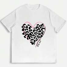 Wild Love Leopard And Heart Print T-Shirt, Pink, Cute, Romantic, Modern And Casual For Women - 白色 - 查看 4