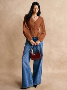 Camisa de algodón blanco con detalles de botones y bordado de encaje en la cintura, camisa de manga larga, camisa de cintura, blusa de encaje, camisa de encaje, camisa de algodón, detalles de cintura elegantes, para uso diario, salida de trabajo, - Marrón - Ver 5