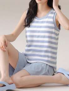 AICJ 2件套女士休闲简约春夏圆领条纹粉色碎花无袖背心和短裤睡衣套装，柔软舒适 - 淺藍色 - 查看 5