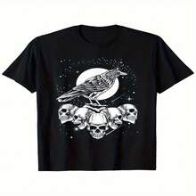 Women's Sexy Casual Elegant Round Neck Regular Short Sleeve Cotton T-shirt with Crow and Skulls Graphic Print High Stretch Regular Length Top - Negro - Ver 1