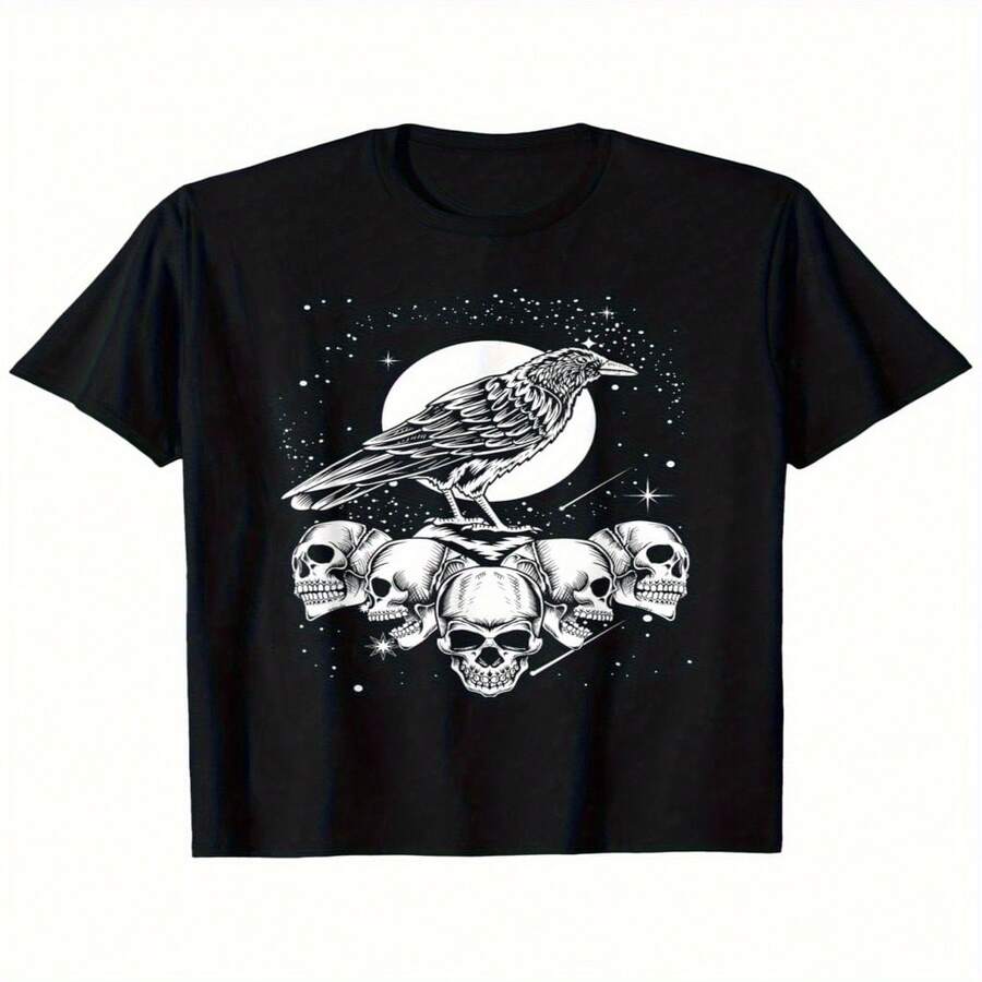 Women's Sexy Casual Elegant Round Neck Regular Short Sleeve Cotton T-shirt with Crow and Skulls Graphic Print High Stretch Regular Length Top - Negro - Ver 1