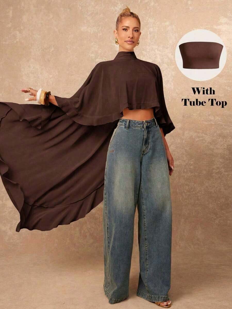 Nueva llegada Blusa elegante de mujer de alta gama con cuello suelto, bajo asimétrico con volantes, parte delantera corta y parte trasera larga - Marrón - Ver 1