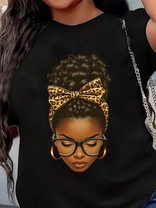 Camiseta Casual de Mujer con Cuello Redondo y Manga Corta Estampada | Camiseta Estampada Versátil para Primavera y Verano, Lavable a Máquina, 95% Poliéster, 5% Spandex, Largo Regular - Negro - Ver 1