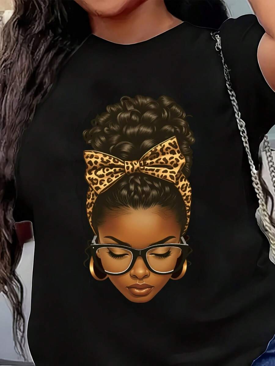 Camiseta Casual de Mujer con Cuello Redondo y Manga Corta Estampada | Camiseta Estampada Versátil para Primavera y Verano, Lavable a Máquina, 95% Poliéster, 5% Spandex, Largo Regular - Negro - Ver 1