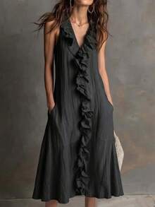 Women's Cotton And Linen Swing Dress, Sleeveless, V-Neck, Solid Color, Ruffled Trim, Spring-Summer - Black - View 1