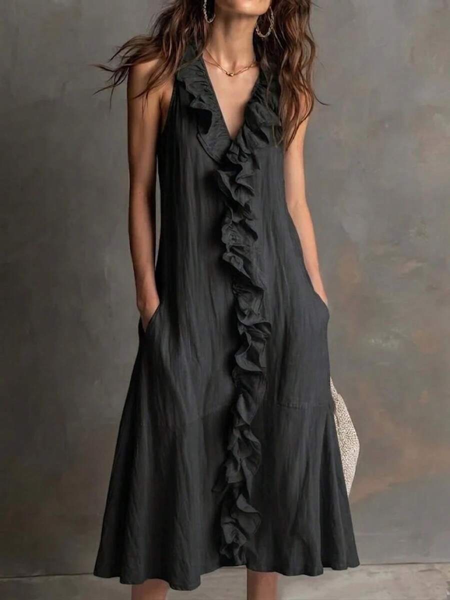 Women's Cotton And Linen Swing Dress, Sleeveless, V-Neck, Solid Color, Ruffled Trim, Spring-Summer - Black - View 1
