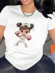 1 Adorable Boxing Design T-Shirt | Durable And Comfortable Fabric, Suitable For Wearing In The Living Room Or Gym, Stylish And Lightweight Top, Ideal For Daily Activities, Round Neck, Medium Elasticity, 180g 100% Cotton. - 白色 - 查看 2
