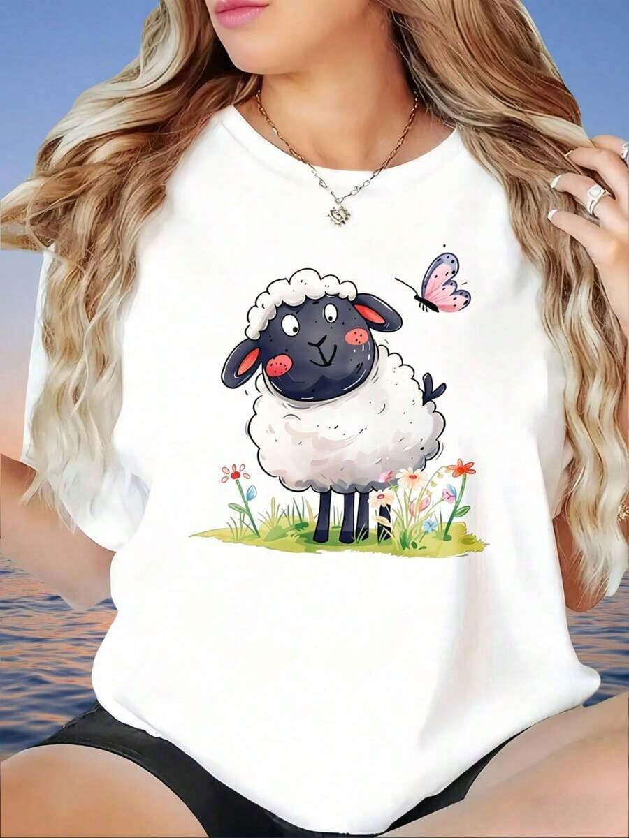 Camiseta de manga corta para mujer, con estampado de ovejas y mariposas, de corte holgado, estilo casual de verano con diseño floral. - Blanco - Ver 1