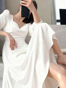 Vestidos largos de mujer Hepburn vintage cuello en v largo temperamento vestidos largos - Blanco - Ver 5
