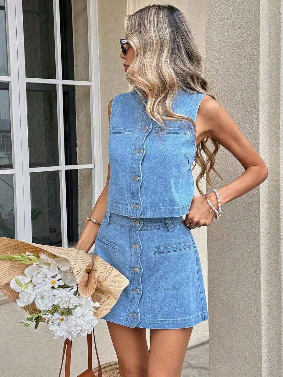 Conjunto casual de chaleco de mujer de una hilera y falda vaquera para primavera a verano, disfraz de carnaval, viaje, graduación, estilo Y2K, fiesta, boda, elegante y casual para mujer.Conjunto a juego de top corto sin mangas de botones y falda mini de línea A de lavado claro, falda vaquera de cintura alta de línea A, conjunto elegante de oficina para mujer, atuendo de picnic de Pascua, conjunto de falda vaquera de botones de línea A - Azul 2 - Ver 1
