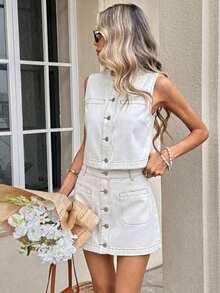 Conjunto casual de chaleco de mujer de una hilera y falda vaquera para primavera a verano, disfraz de carnaval, viaje, graduación, estilo Y2K, fiesta, boda, elegante y casual para mujer.Conjunto a juego de top corto sin mangas de botones y falda mini de línea A de lavado claro, falda vaquera de cintura alta de línea A, conjunto elegante de oficina para mujer, atuendo de picnic de Pascua, conjunto de falda vaquera de botones de línea A - Blanco - Ver 8