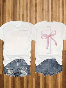 Camiseta con Estampado de Letras, Cuello Redondo, Manga Corta, Estilo Casual, Primavera y Verano, Moda Casual, Camiseta para Mujer - Blanco - Ver 1