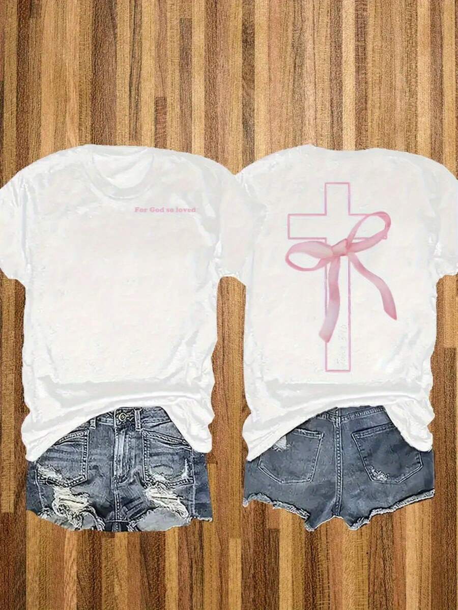 Camiseta con Estampado de Letras, Cuello Redondo, Manga Corta, Estilo Casual, Primavera y Verano, Moda Casual, Camiseta para Mujer - Blanco - Ver 1