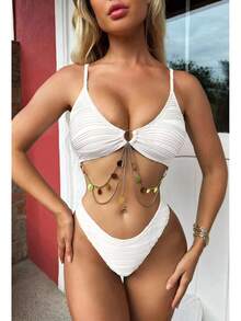 Nuevo traje de baño de dos piezas de tela plisada con bikini de detalle de cadena sexy. - Blanco - Ver 12