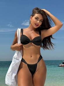 Traje de baño bikini de dos piezas con lazo, de color sólido y estilo sexy. - Negro - Ver 1