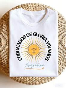 Camiseta Argentina Glory Crown con estampado de la bandera argentina y el balón de fútbol, camiseta casual de cuello redondo para verano, adecuada para aficionados y uso diario. - Blanco - Ver 1