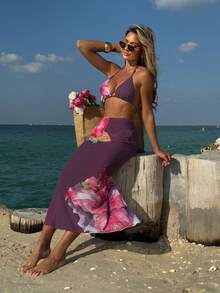 Conjunto de tres piezas con estampado floral - Nueva edición: Maxifalda transparente y bikini sexy - Juego de tres piezas amarillo 9266 - Ver 11